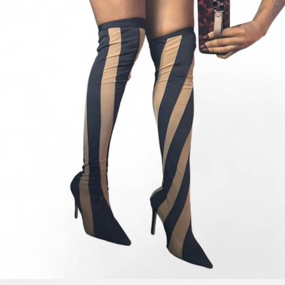Black & Nude Striped Knee High Stiletto Boots
